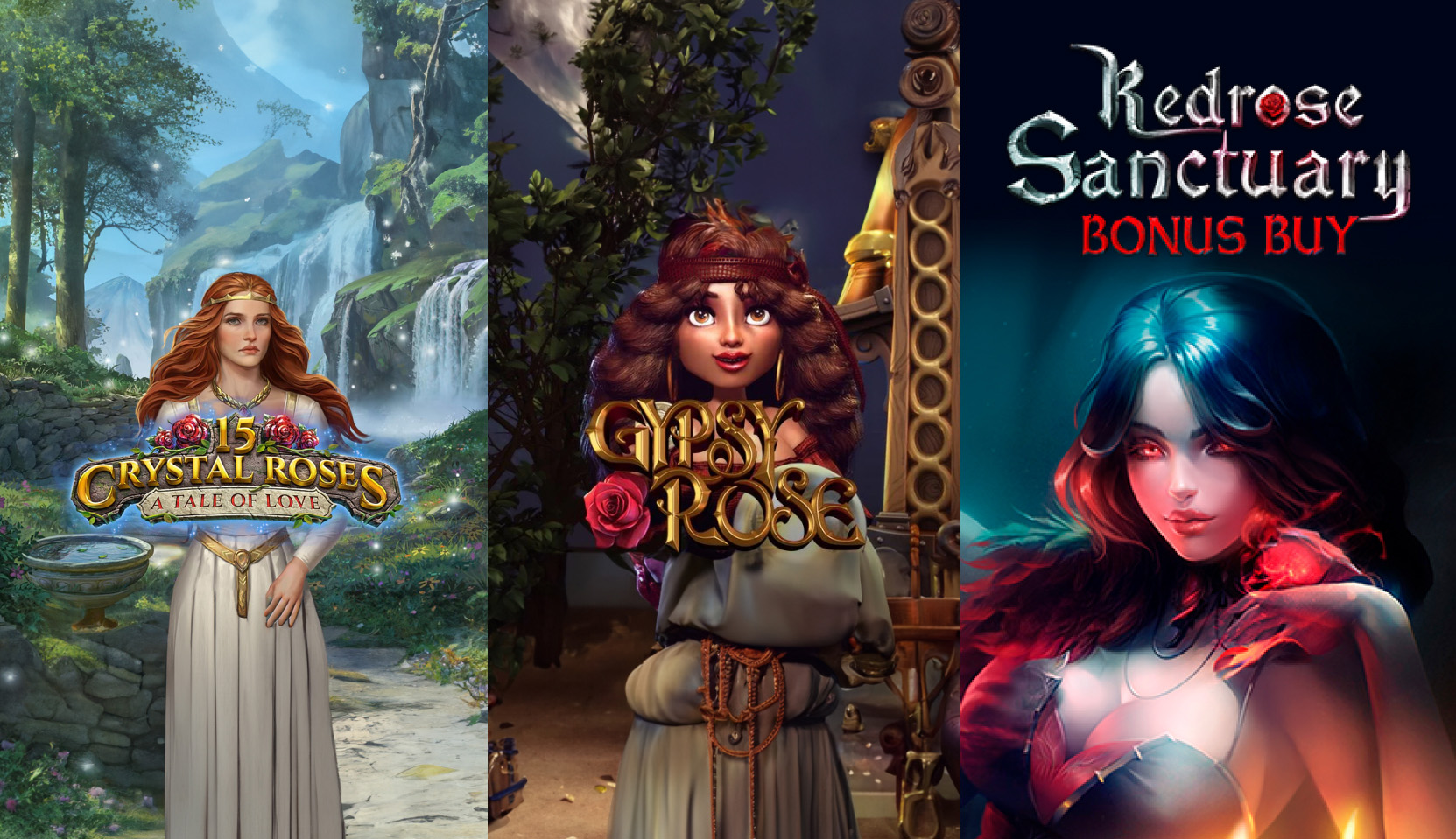 Collage of 15 Crystal Roses: A Tale of Love by Play n Go, Redrose Sanctuary Bonus Buy by Evoplay, and Gypsy Rose by Betsoft Games for best rose slot games mini reviews.