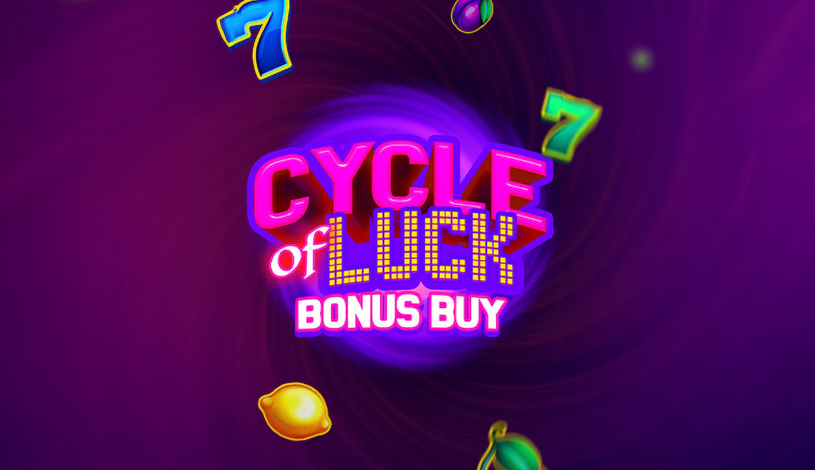 Vivid 'Cycle of Luck Bonus Buy' by Evoplay slot game logo with illuminated fruit symbols against a purple backdrop.