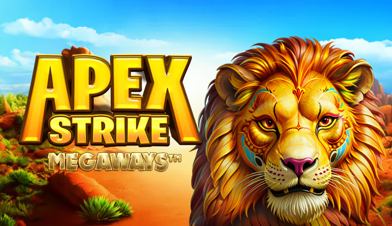 Apex Strike Megaways slot game by Iron Dog Studio featuring a fierce lion with tribal designs in a vibrant desert backdrop.