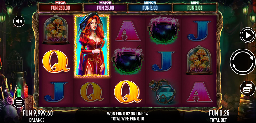 Witch Treasures slot game grid shows the witch, cauldron, mushroom bell jar, and card symbols