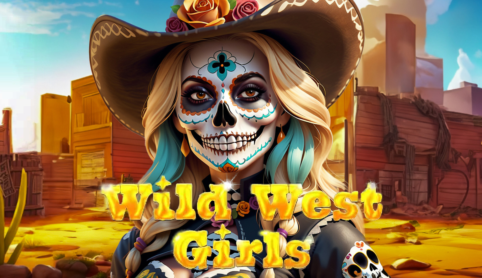 Wild West Girls slot game by Only Play featuring a Day of the Dead inspired cowgirl in a colorful, western town backdrop.