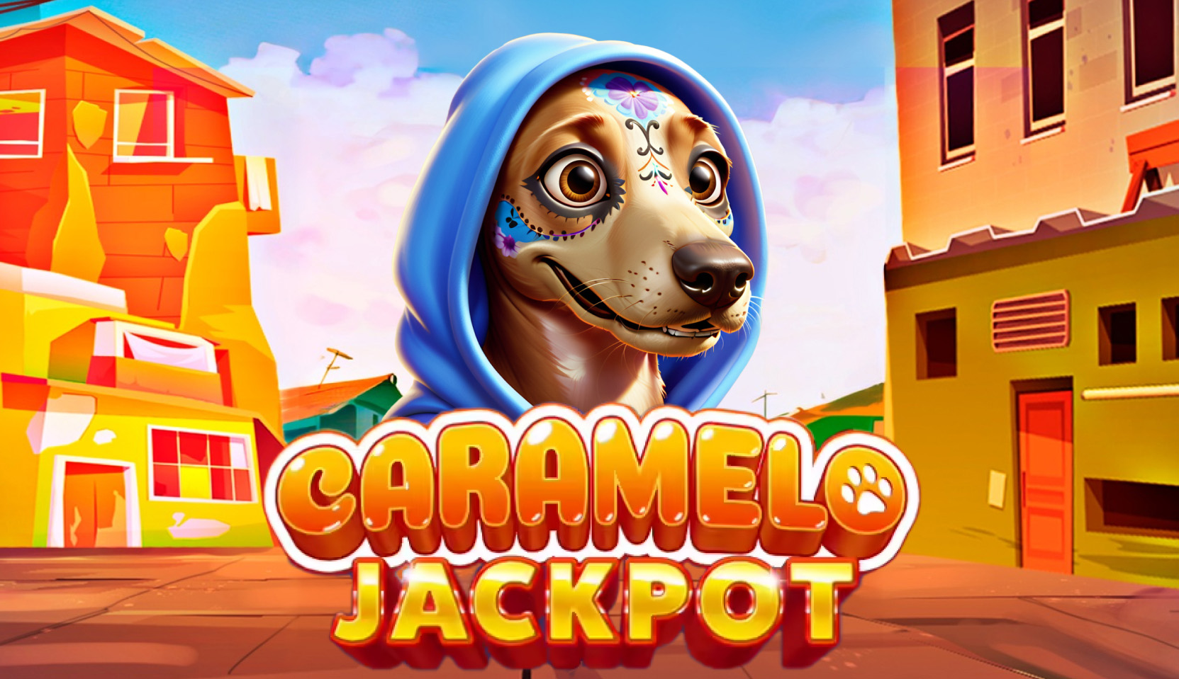 Caramelo Jackpot slot game by only play review with a cheerful dog in a blue hoodie and bright city background.