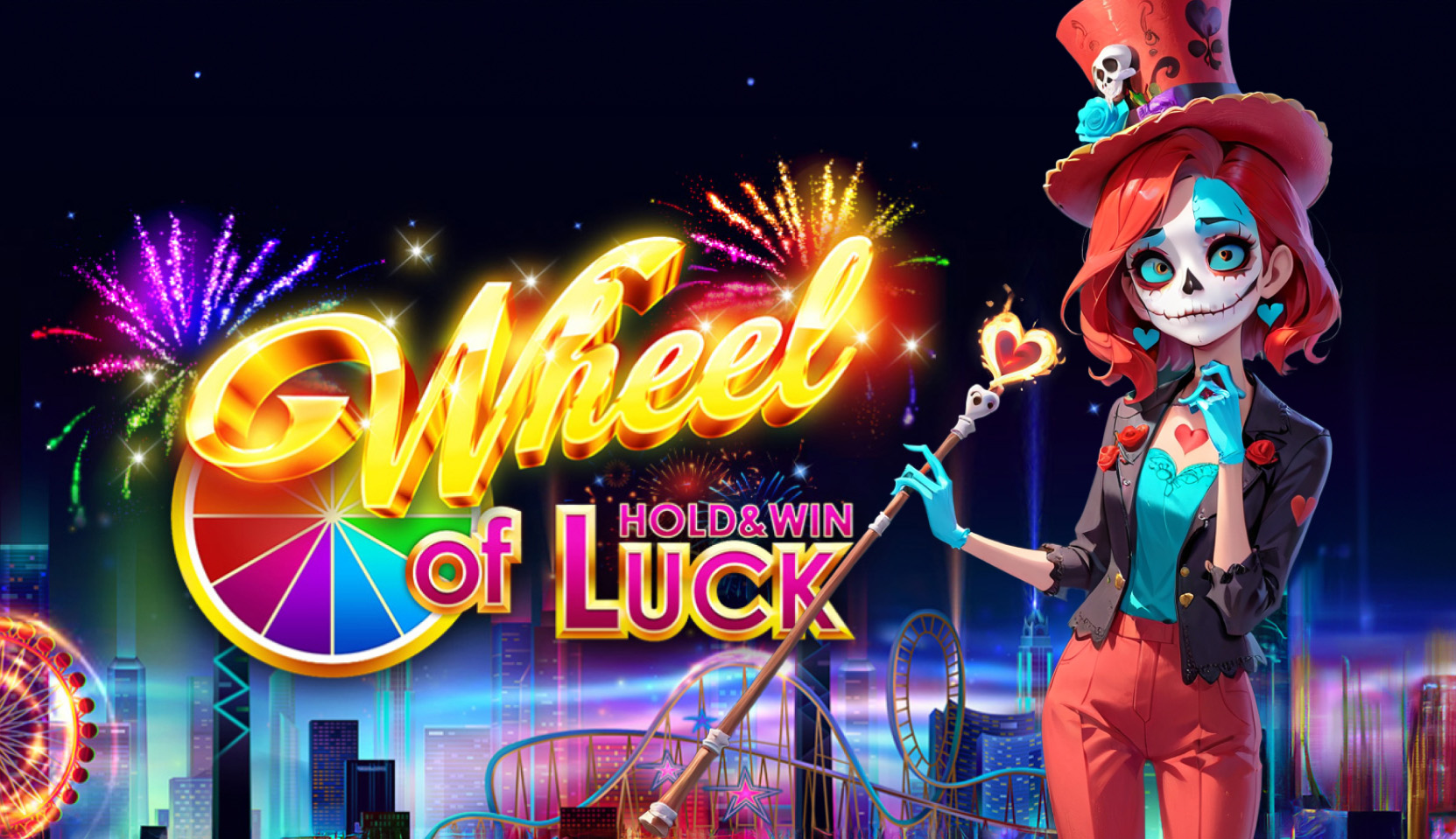 Colorful Wheel of Luck Hold and Win slot game with animated skeleton character in vibrant city background by Tom Horn.