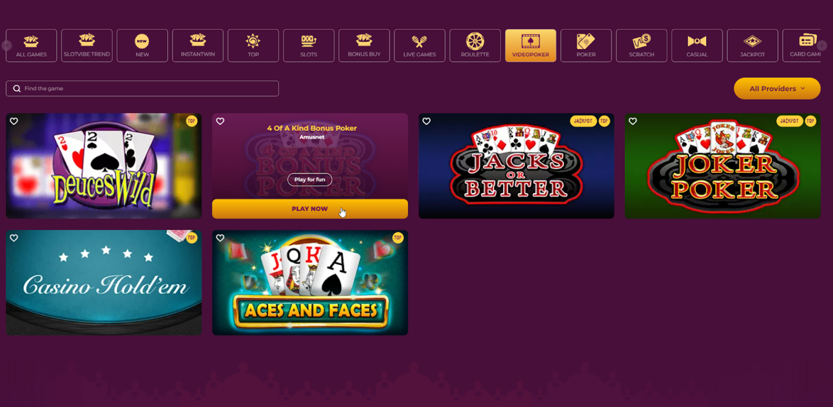 Screenshot of casino showcasing video poker