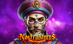 Portrait of Nostradamus with intricate face paint and a purple background for 'Nostradamus The Prophet' slot game by Amigo Games