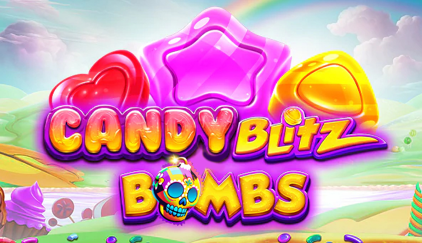 Candy Blitz Bombs slot game by Pragmatic Play with colorful candy graphics and a vibrant candyland background.