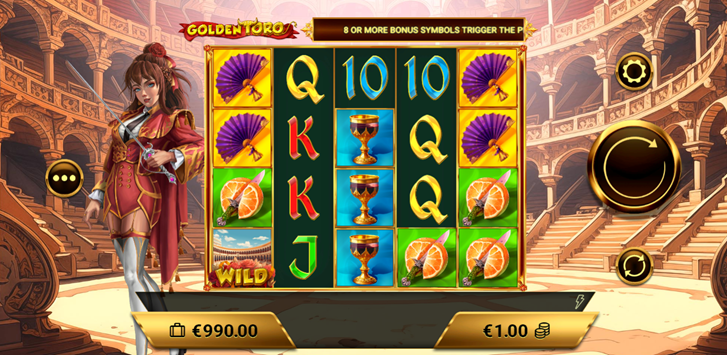 Golden Toro slot game by Amigo Games showing matador holding sword alongside the game grid.