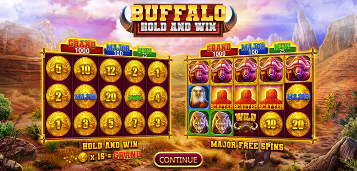 Buffalo Hold and Win slot game by Booming Games entrance screen with game grids and logo