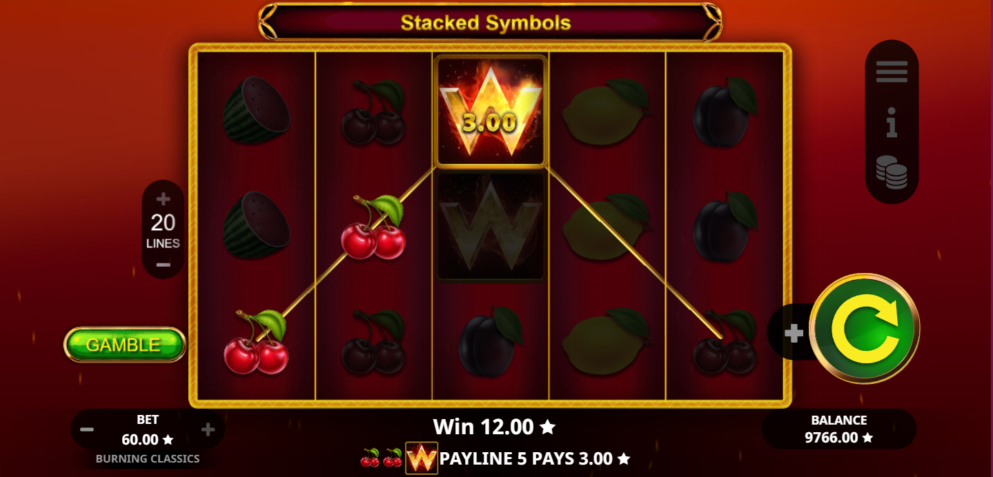 Burning Classics slot game by Booming Games showing a cherry win.