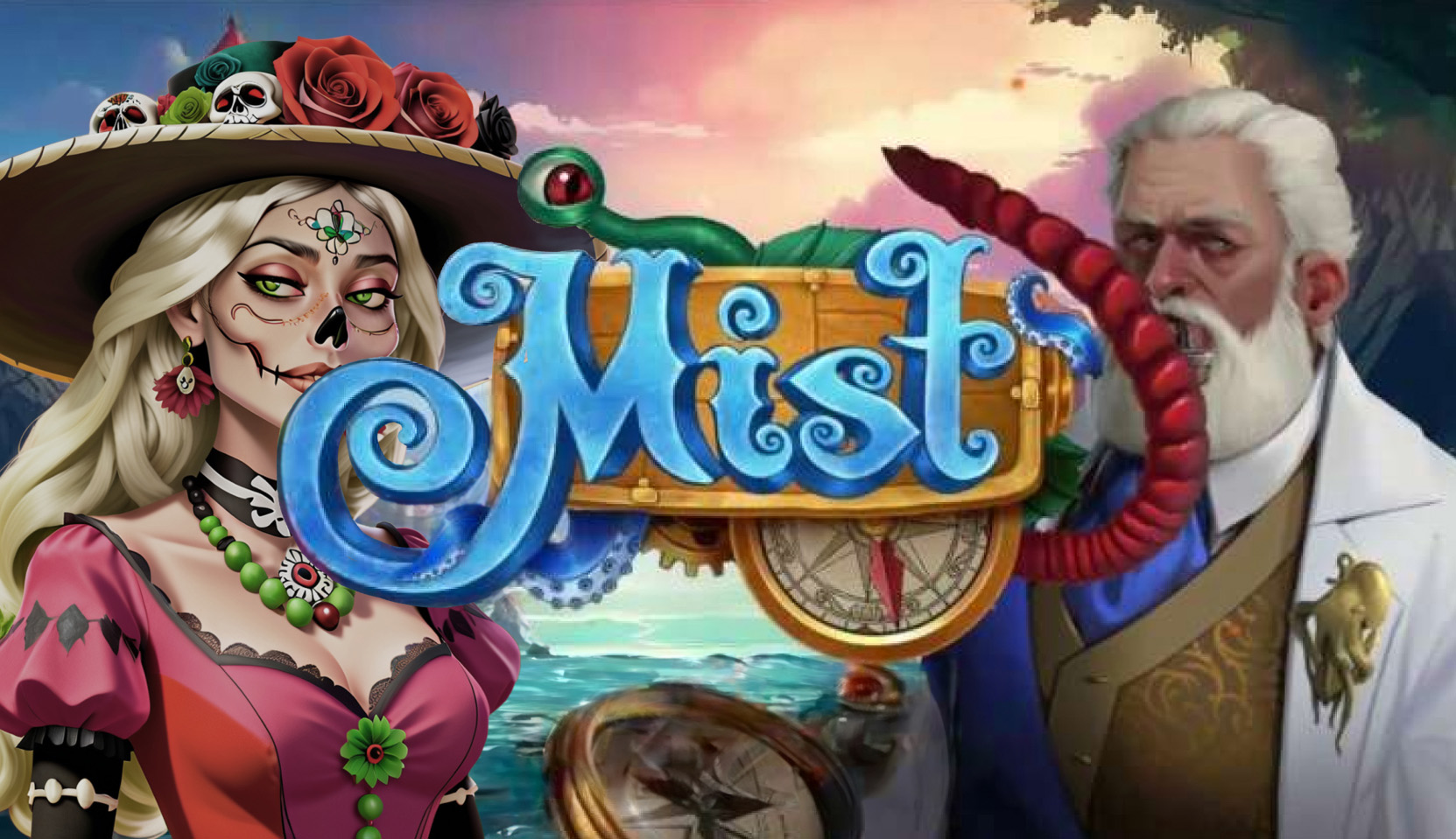Mist Slot by Mascot Games: Female Day of the Dead character and white-haired man with octopus in fantasy world.