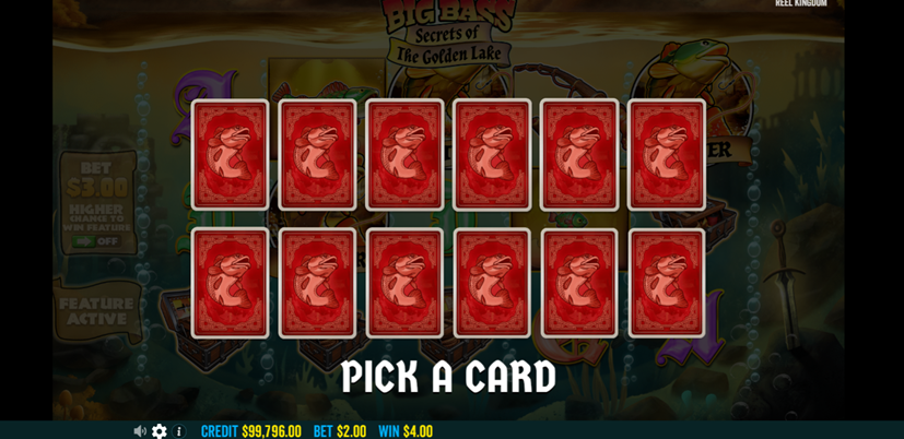 Big Bass - Secrets Of The Golden Lake slot game by Pragmatic Play bonus buy game fish cards grid with pick a card.