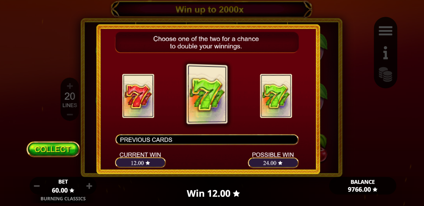 Burning Classics slot game by Booming Games gamble round grid with choice of 777 cards