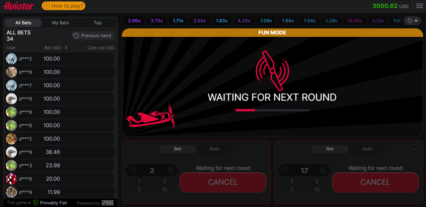 Aviator game grid showing multiplayer crypto crash game showing the plane getting ready for next round.