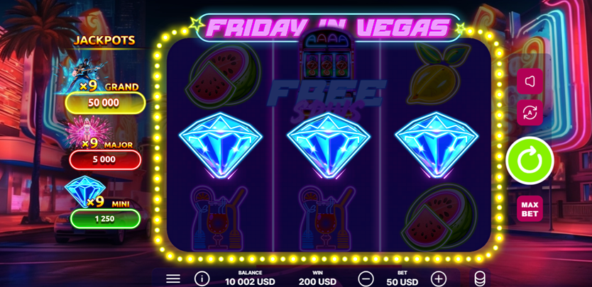 Friday in Vegas slot game by Only Play with 3 diamond win and jackpots visible