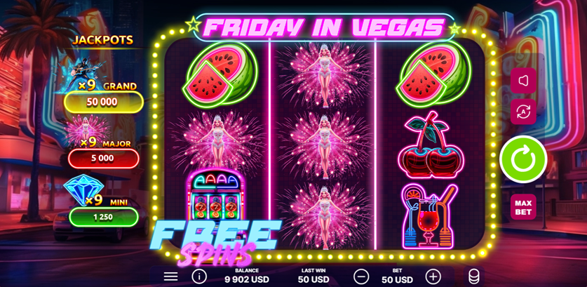 Friday in Vegas slot game by Only Play with 3x3 game grid lit up in neon cocktail, showgirl, and cherry symbols.