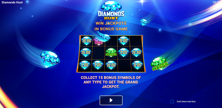 Diamonds Hunt slot game by Slotopia entrance screen with features game gid and shiny diamonds