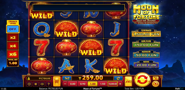 Moon of Fortune slot game by Wazdan showing game grid with wild and other symbols on a starry night background.