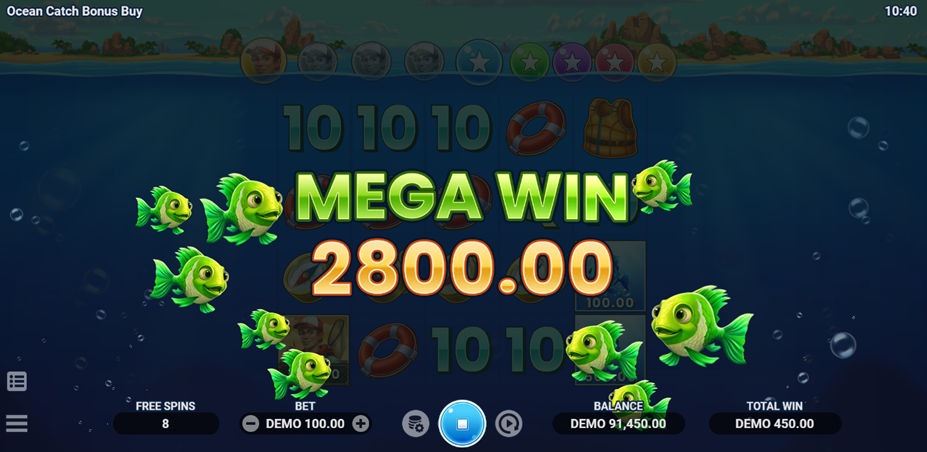 Ocean Catch Bonus Buy slot game by Evoplay showing mega win 2800 with green fish.