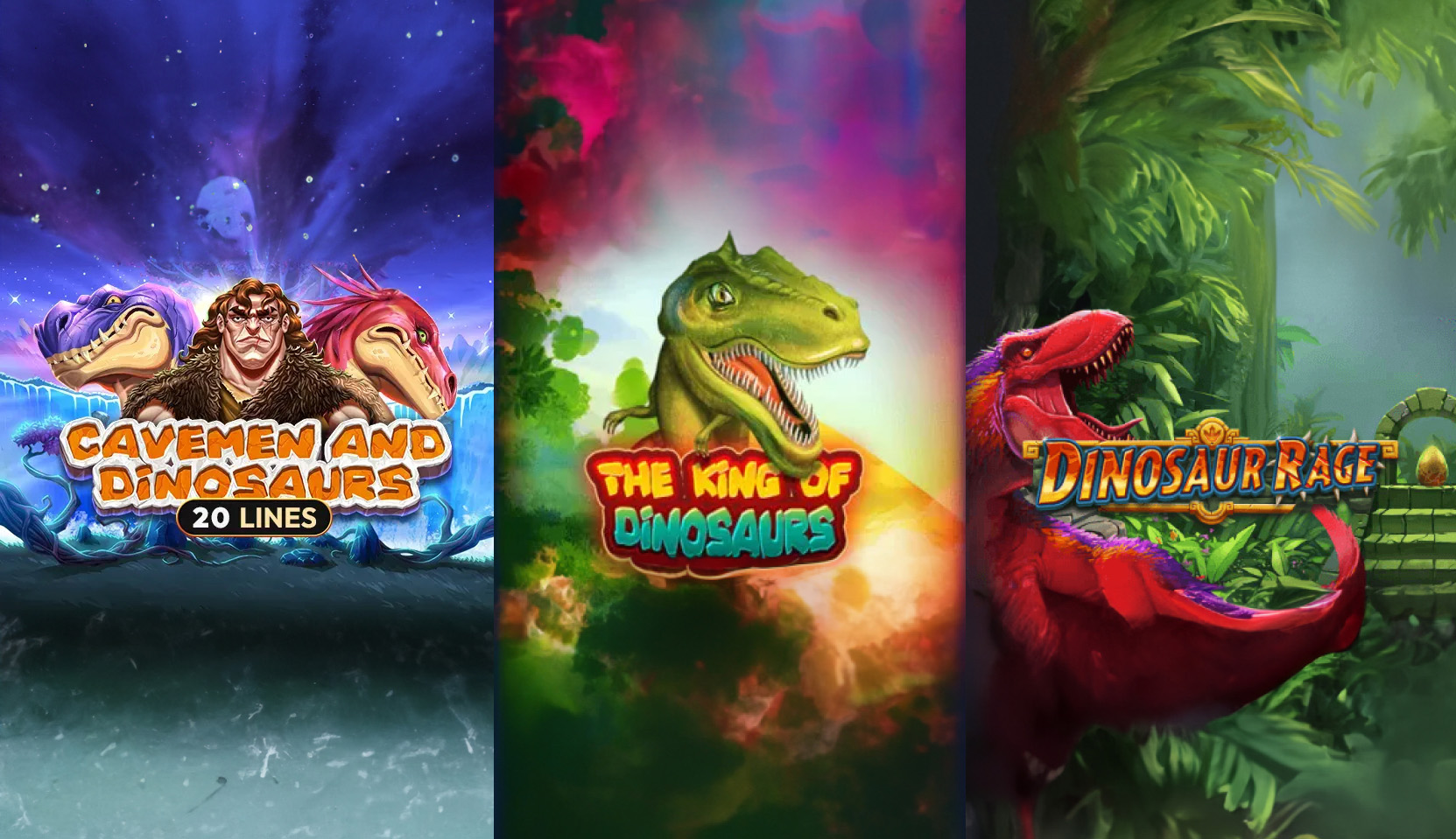Collage of Cavemen and Dinosaurs by Amusenet, Dinosaur Rage by Quickspin, and The King of Dinosaurs by KA Gaming.