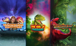 Collage of Cavemen and Dinosaurs by Amusenet, Dinosaur Rage by Quickspin, and The King of Dinosaurs by KA Gaming.