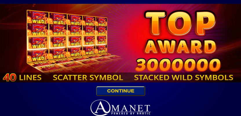 hot fruits 40 intro page showing stacked wild symbols, 40 paylines, scatter and top award