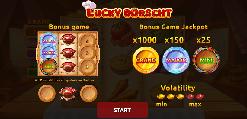 Lucky Borscht slot game by Only Play entrance screen with bonus game, bonus game jackpot and logo.