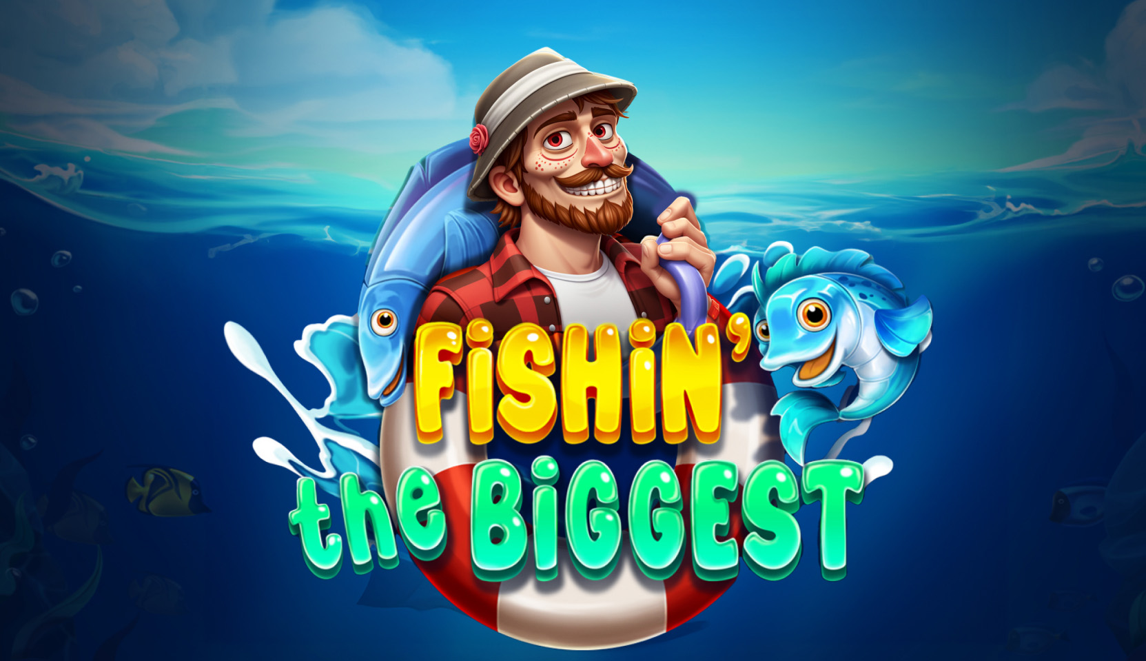 Smiling cartoon fisherman with a large blue fish for Fishin' The Biggest slot game by Apparat Gaming.
