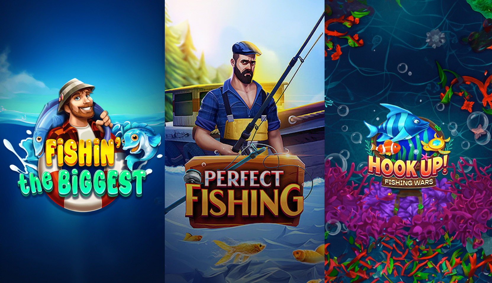 Collage of Hook Up! Fishing Wars by Mascot Games, Perfect Fishing Games by Evoplay, Fishin’ The Biggest by Apparat Games, Big Bass Splash by Pragmatic Play.