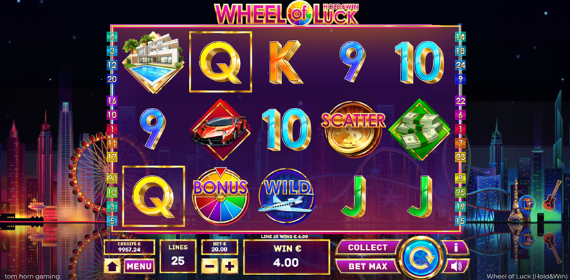 Wheel of Luck Hold and Win slot game by Tom Horn Native showing game grid with bonus, scatter, and other symbols.