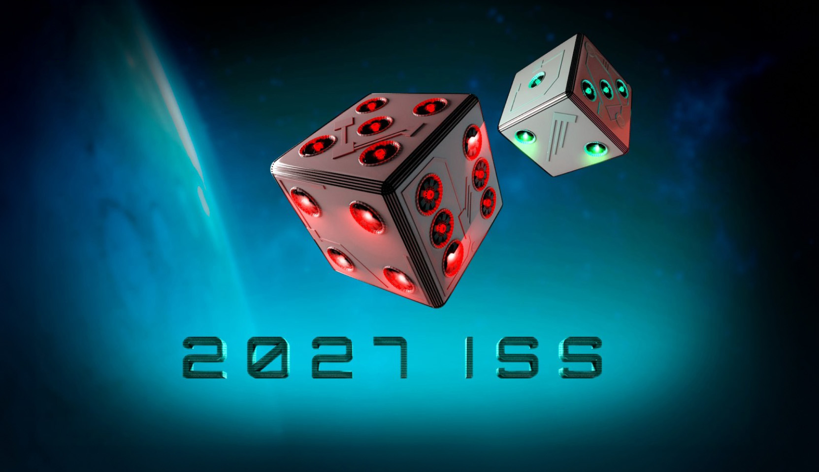Electronic dice in the 2027 ISS slot game by Endorphina floating on a space-age background