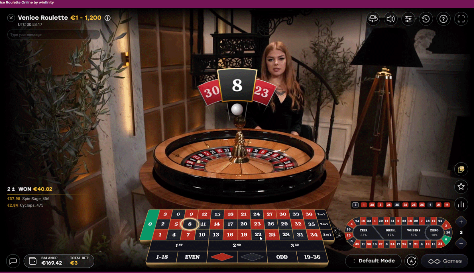 Screenshot of roulette table