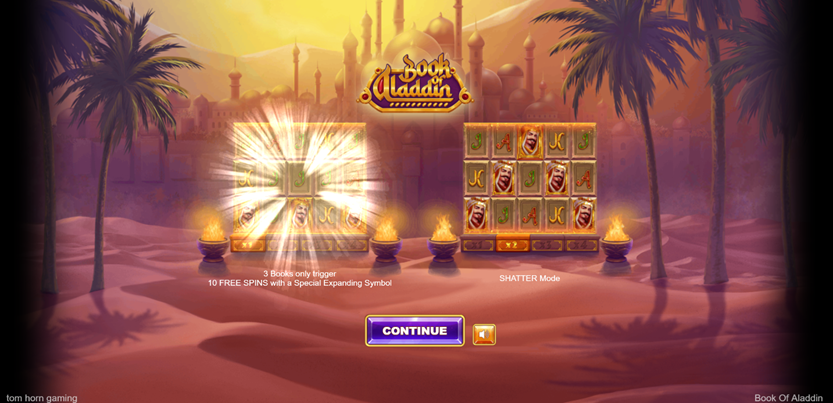 Book of Aladdin slot game by Tom Horn Native entrance screen with game grids on fire