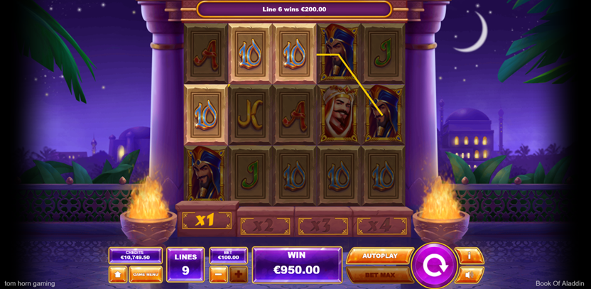 Book of Aladdin slot game by Tom Horn Native shows a win on 10 with a night sky background