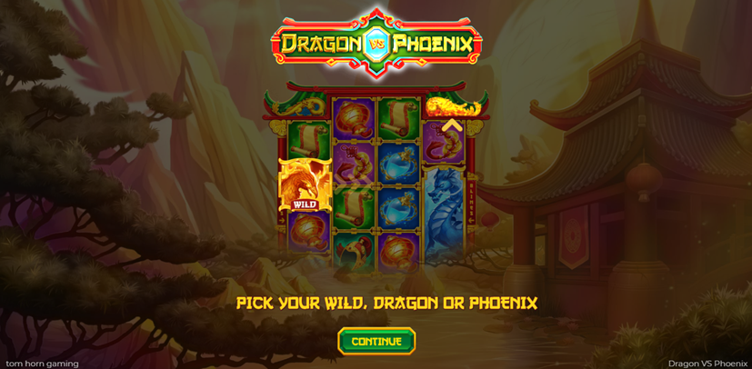 Dragon vs Phoenix slot game by tom horn native with oriental background with game grid visible.