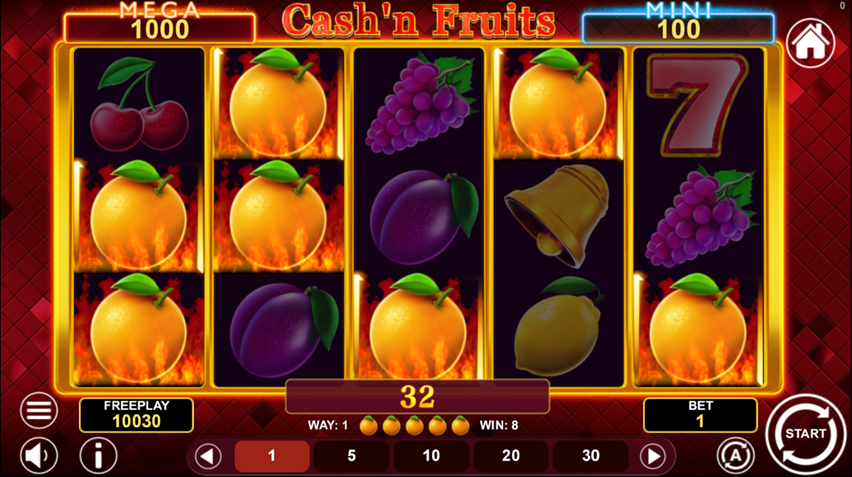 Cash’n Fruits Hold & Win slot game by 1spin4win showing game grid with orange symbols on fire.