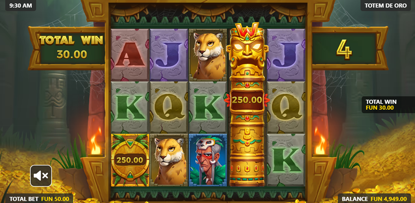 Totem De Oro slot game by gamebeat bonus grid with expanded totem symbol.