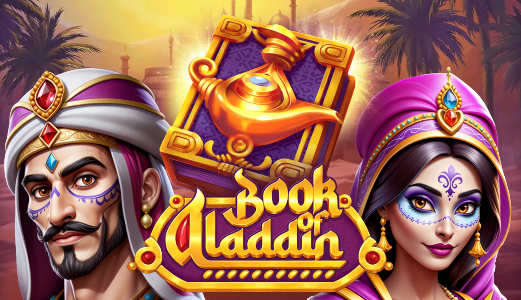 Vibrant image of Aladdin and princess with 'Book of Aladdin' by Tom Horn Native, in an enchanting desert backdrop.