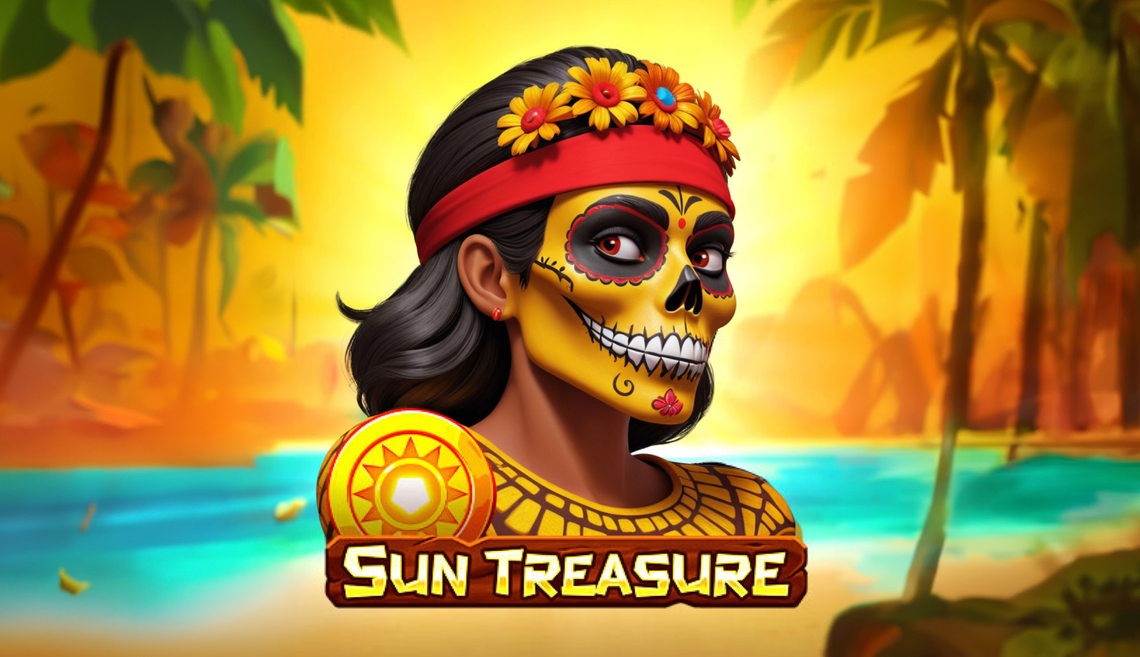 Vibrant image of a woman with sugar skull makeup in tropical 'Sun Treasure' slot game by 1spin4win
