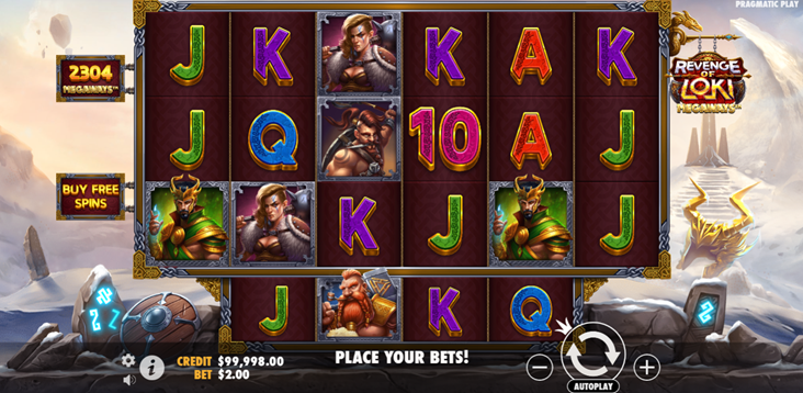 Revenge of Loki Megaways slot game by Pragmatic Play game grid with characters and card symbols.