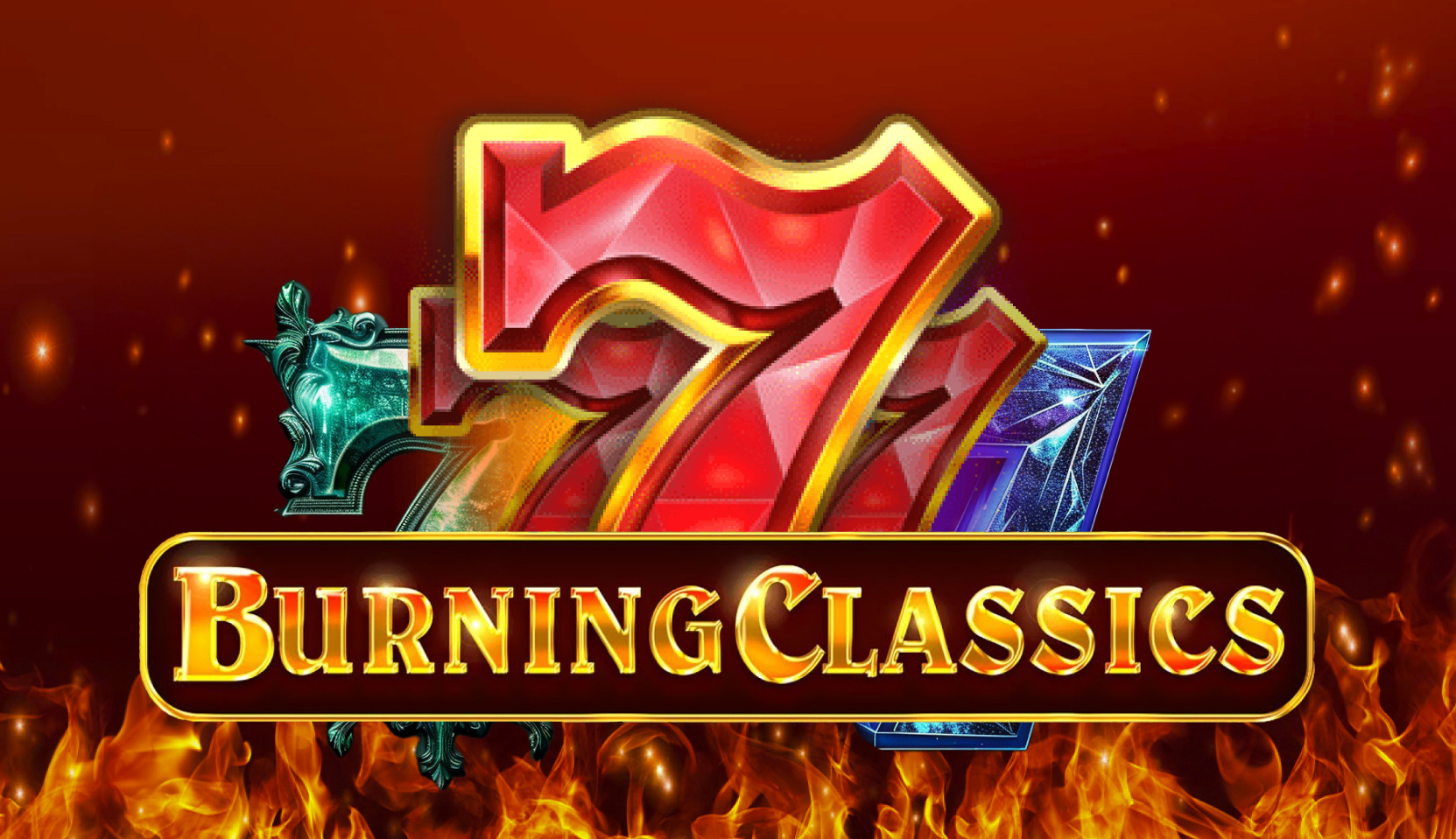 Burning Classics slot game logo with fiery background and colorful slot symbols - Booming Games.