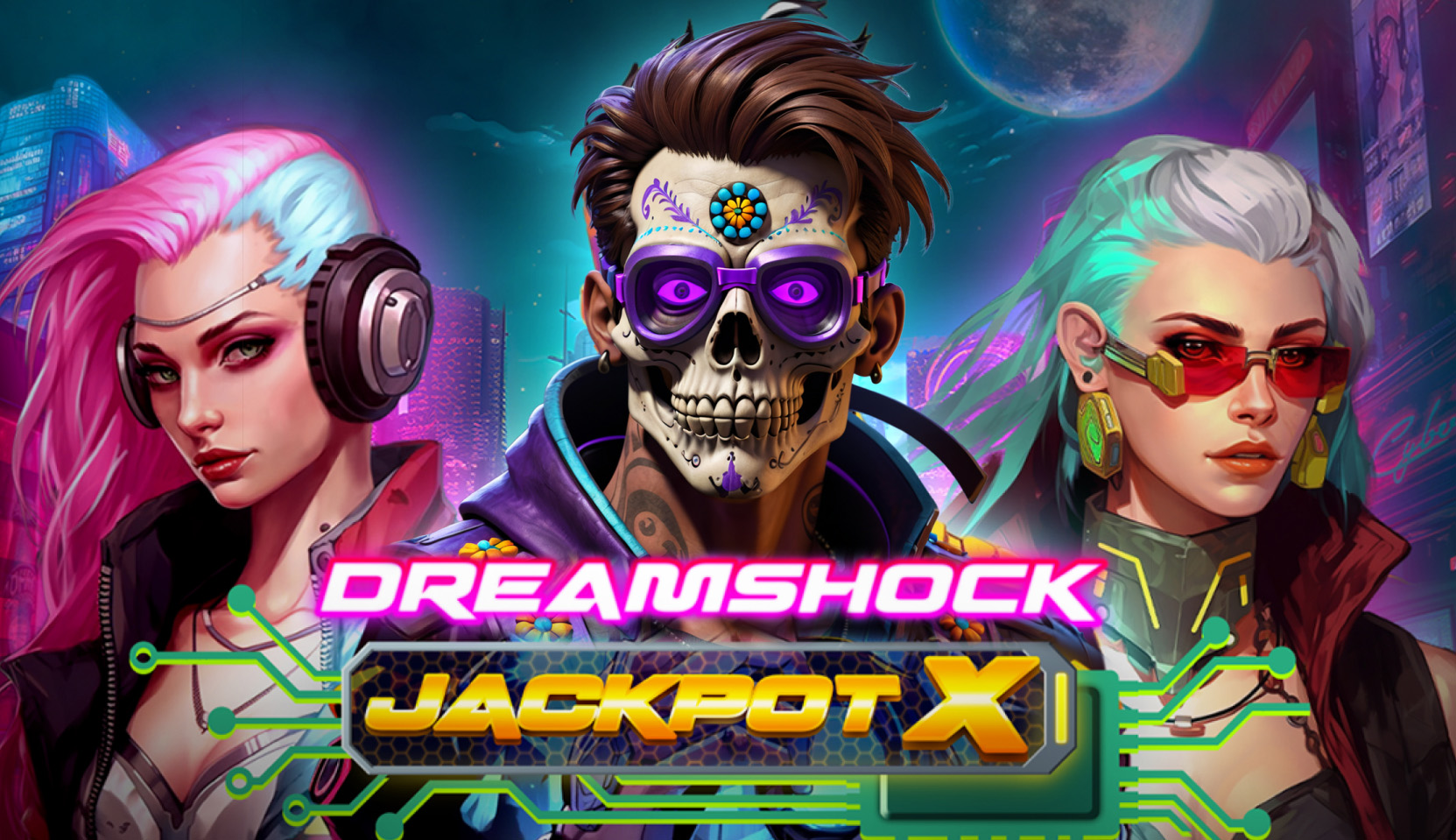 Cyberpunk-themed 'Dreamshock Jackpot X' slot graphic with vibrant characters and a skull mask by Mascot games.