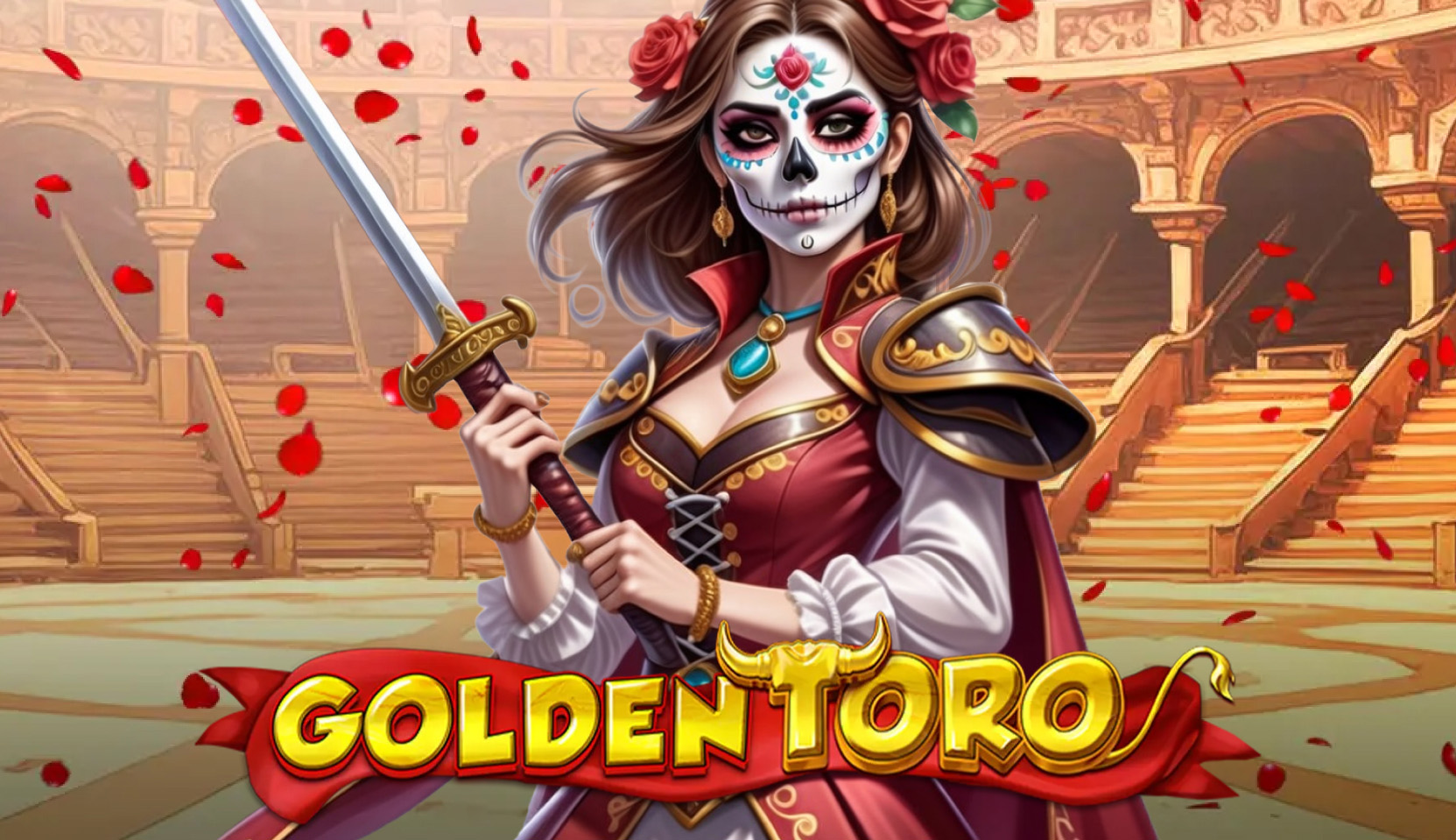 Golden Toro Slot Game by Amigo Games with female matador in Dia de los Muertos outfit