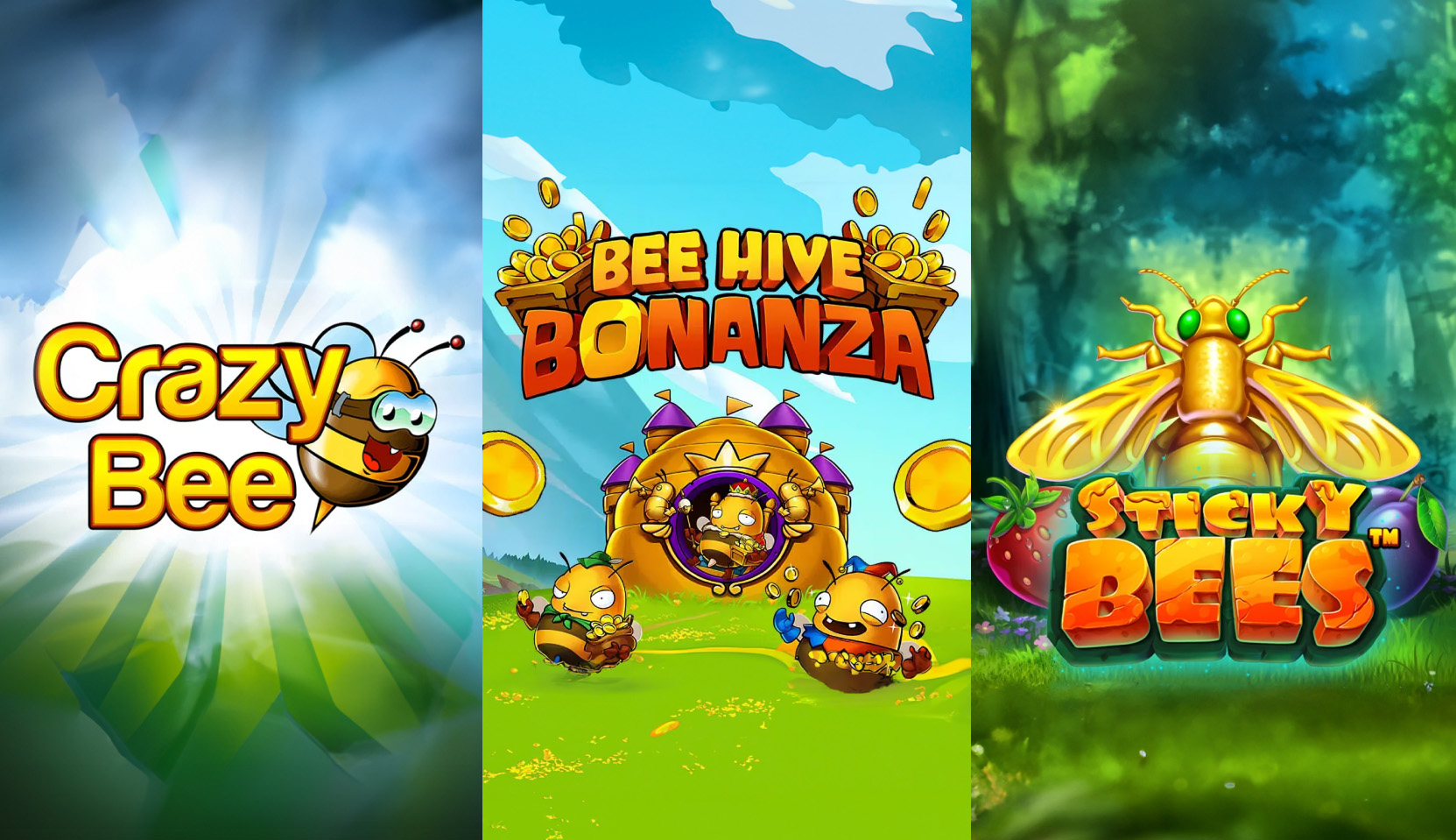 Collage of 'Crazy Bee,' 'Bee Hive Bonanza,' and 'Sticky Bees' slot games with vibrant bee characters.
