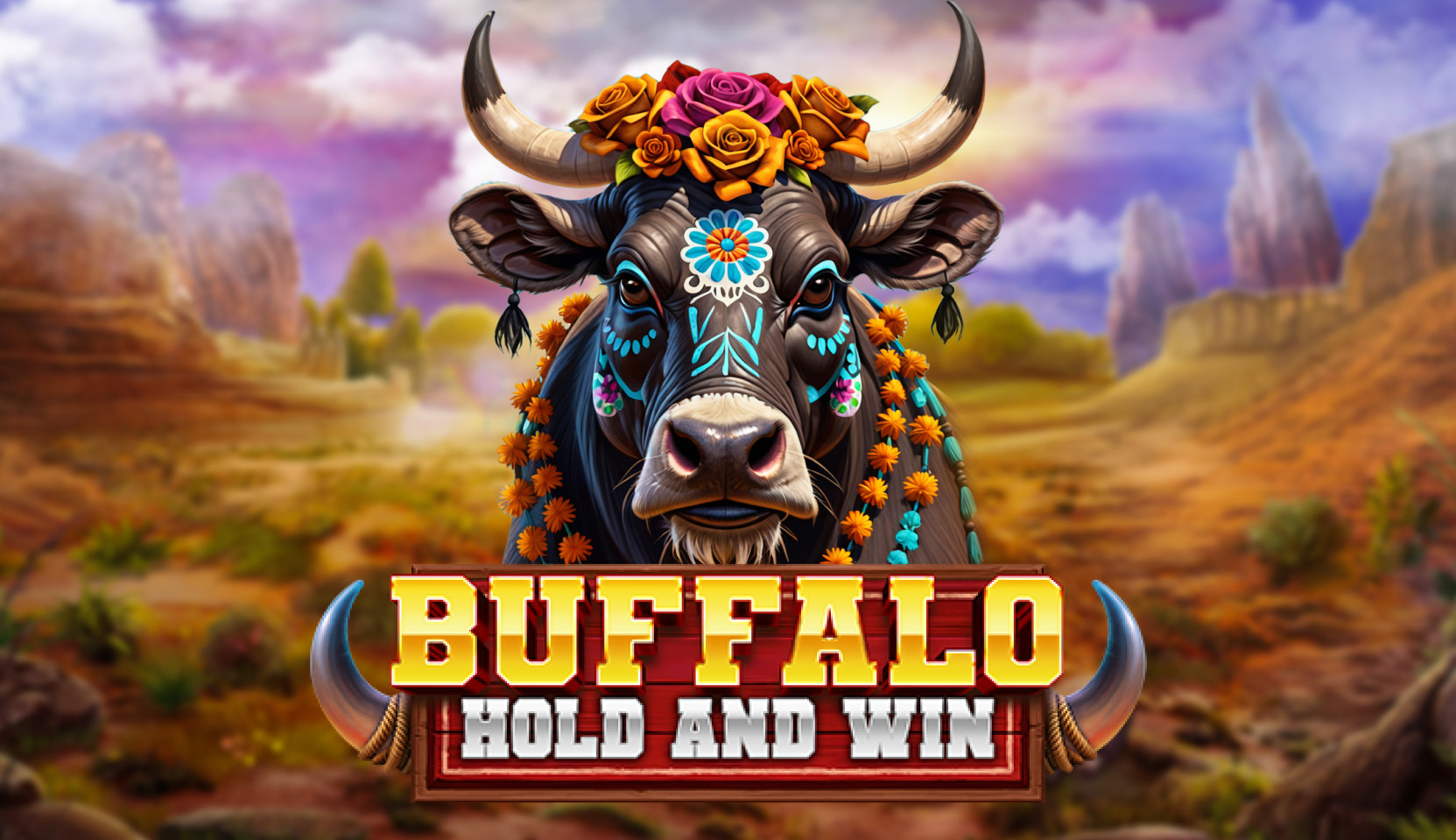 Buffalo Hold and Win slot game logo featuring a decorated buffalo with colorful flowers on a scenic desert background