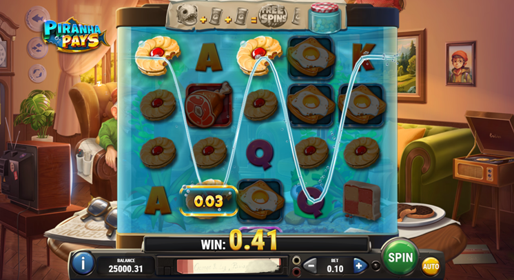 Piranha Pays slot game by Play n Go game grid with bitten biscuit win.